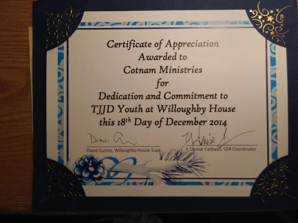 Certificate of Appreciation Willougby House 2014