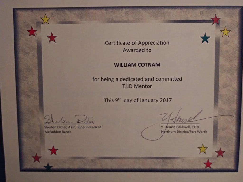 Certificate of Appreciation for being a TJJD Mentor 2017