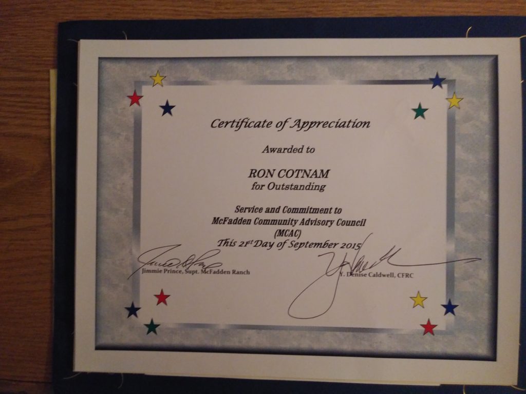 Certificate of Appreciation from McFadden Community Advisory Council 2015